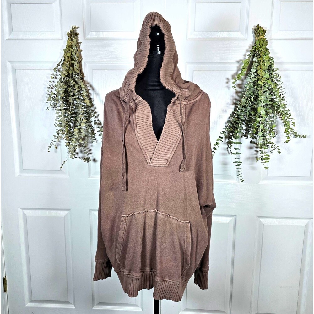Aerie Women's Brown Terry Pullover Hoodie V-Neck Hooded Pockets Oversized XL